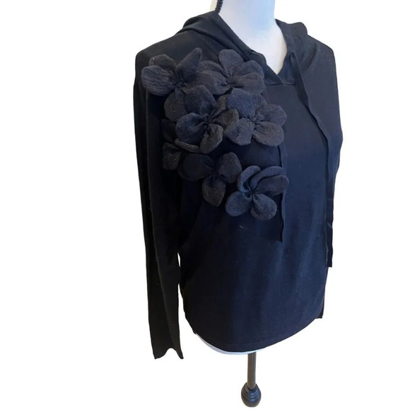 Siami Milano Women’s Black Knit Hoodie Sweater M Floral 3D Applique Pullover - Picture 6 of 12